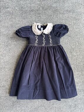 Karla Lacayo Vive La Fete Navy Cord Smocked Dress White Peter Pan Collar Size 3